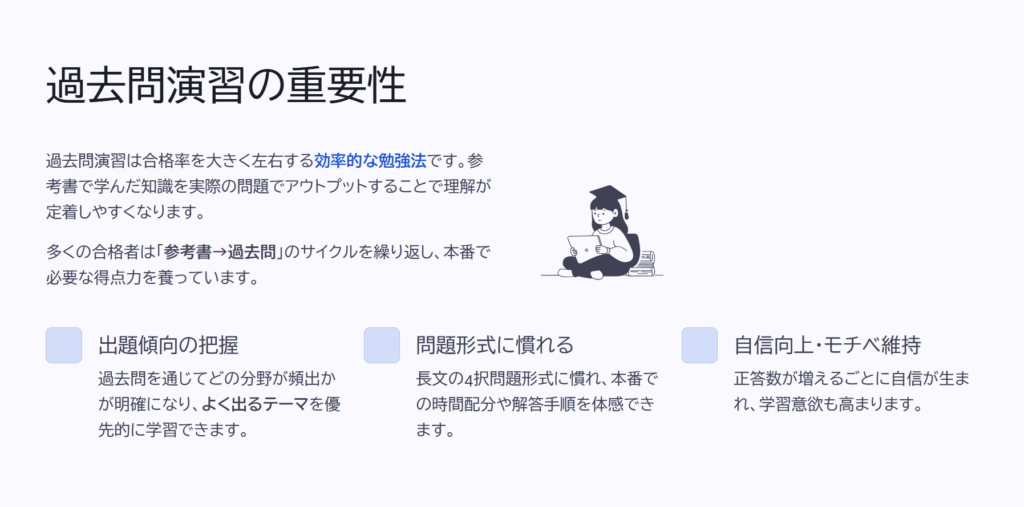 過去問演習の重要性
過去問演習は合格率を大きく左右する効率的な勉強法です。参考書で学んだ知識を実際の問題でアウトプットすることで理解が定着しやすくなります。
多くの合格者は「参考書→過去問」のサイクルを繰り返し、本番で必要な得点力を養っています。
出題傾向の把握
過去問を通じてどの分野が頻出かが明確になり、よく出るテーマを優先的に学習できます。
問題形式に慣れる
長文の4択問題形式に慣れ、本番での時間配分や解答手順を体感できます。
自信向上・モチベ維持
正答数が増えるごとに自信が生まれ、学習意欲も高まります。