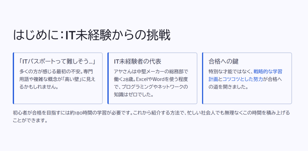 はじめに:IT未経験からの挑戦
「ITパスポートって難しそう…」
多くの方が感じる最初の不安。専門用語や複雑な概念が「高い壁」に見えるかもしれません。
IT未経験者の代表
アヤさんは中堅メーカーの総務部で働く28歳。ExcelやWordを使う程度で、プログラミングやネットワークの知識はゼロでした。
合格への鍵
特別な才能ではなく、戦略的な学習計画とコツコツとした努力が合格への道を開きました。
初心者が合格を目指すには約180時間の学習が必要です。これから紹介する方法で、忙しい社会人でも無理なくこの時間を積み上げることができます。
