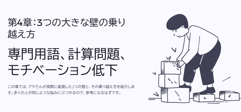 第4章:3つの大きな壁の乗り越え方
専門用語、計算問題、モチベーション低下
この章では、アヤさんが実際に直面した3つの壁と、その乗り越え方を紹介します。多くの人が同じような悩みにぶつかるので、参考になるはずです。