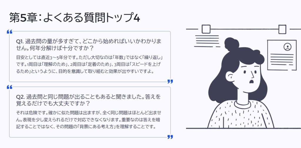 第5章:よくある質問トップ4
Q1. 過去問の量が多すぎて、どこから始めればいいかわかりません。何年分解けば十分ですか?
目安としては直近3〜5年分です。ただし大切なのは「年数」ではなく「繰り返し」です。1周目は「理解のため」、2周目は「定着のため」、3周目は「スピードを上げるため」というように、目的を意識して取り組むと効果が出やすいですよ。
Q2. 過去問と同じ問題が出ることもあると聞きました。答えを覚えるだけでも大丈夫ですか?
それは危険です。確かに似た問題は出ますが、全く同じ問題はほとんど出ません。表現を少し変えられるだけで対応できなくなります。重要なのは答えを暗記することではなく、その問題の「背景にある考え方」を理解することです。