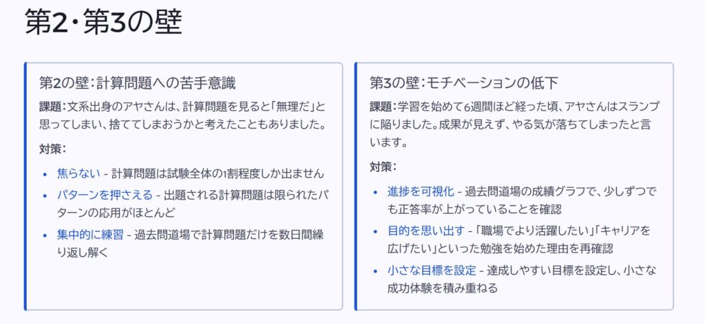 第2・第3の壁
第2の壁:計算問題への苦手意識
課題:文系出身のアヤさんは、計算問題を見ると「無理だ」と思ってしまい、捨ててしまおうかと考えたこともありました。
対策:
焦らない - 計算問題は試験全体の1割程度しか出ません
パターンを押さえる - 出題される計算問題は限られたパターンの応用がほとんど
集中的に練習 - 過去問道場で計算問題だけを数日間繰り返し解く
第3の壁:モチベーションの低下
課題:学習を始めて6週間ほど経った頃、アヤさんはスランプに陥りました。成果が見えず、やる気が落ちてしまったと言います。
対策:
進捗を可視化 - 過去問道場の成績グラフで、少しずつでも正答率が上がっていることを確認
目的を思い出す - 「職場でより活躍したい」「キャリアを広げたい」といった勉強を始めた理由を再確認
小さな目標を設定 - 達成しやすい目標を設定し、小さな成功体験を積み重ねる