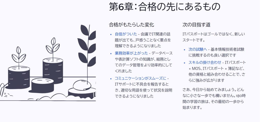 第6章:合格の先にあるもの
合格がもたらした変化
自信がついた - 会議でIT関連の話題が出ても、戸惑うことなく要点を理解できるようになりました
業務効率が上がった - データベースや表計算ソフトの知識が、総務としてのデータ管理をより効率的にしてくれました
コミュニケーションがスムーズに - ITサポートに不具合を報告するとき、適切な用語を使って状況を説明できるようになりました
次の目指す道
ITパスポートはゴールではなく、新しいスタートです。
次の試験へ - 基本情報技術者試験に挑戦するのも良い選択です
スキルの掛け合わせ - ITパスポート × MOS、ITパスポート × 簿記など、他の資格と組み合わせることで、さらに強みが広がります
さあ、今日から始めてみましょう。どんなに小さな一歩でも構いません。180時間の学習の旅は、その最初の一歩から始まります。