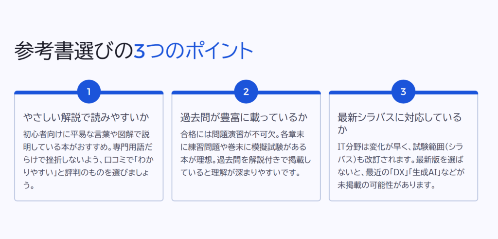 参考書選びの3つのポイント

やさしい解説で読みやすいか

初心者向けに平易な言葉や図解で説明している本がおすすめ。専門用語だらけで挫折しないよう、口コミで「わかりやすい」と評判のものを選びましょう。

過去問が豊富に載っているか

合格には問題演習が不可欠。各章末に練習問題や巻末に模擬試験がある本が理想。過去問を解説付きで掲載していると理解が深まりやすいです。

最新シラバスに対応しているか

IT分野は変化が早く、試験範囲（シラバス）も改訂されます。最新版を選ばないと、最近の「DX」「生成AI」などが未掲載の可能性があります。