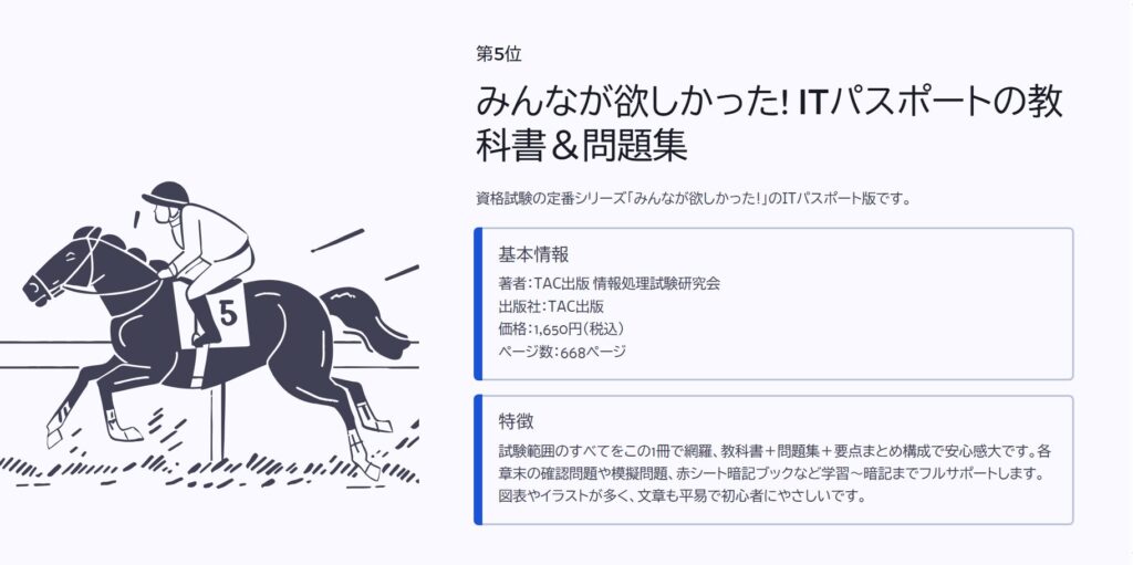 第5位

みんなが欲しかった! ITパスポートの教科書＆問題集

資格試験の定番シリーズ「みんなが欲しかった!」のITパスポート版です。

基本情報

著者：TAC出版 情報処理試験研究会出版社：TAC出版価格：1,650円（税込）ページ数：668ページ

特徴

試験範囲のすべてをこの1冊で網羅、教科書＋問題集＋要点まとめ構成で安心感大です。各章末の確認問題や模擬問題、赤シート暗記ブックなど学習〜暗記までフルサポートします。図表やイラストが多く、文章も平易で初心者にやさしいです。