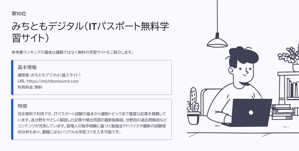 第10位

みちともデジタル（ITパスポート無料学習サイト）

参考書ランキングの最後は書籍ではなく無料の学習サイトをご紹介します。

基本情報

運営者：みちともデジタル（個人サイト）URL：https://michitomo2019.com利用料金：無料

特徴

完全無料で利用でき、ITパスポート試験の基本から最新トピックまで豊富な記事を掲載しています。各分野をやさしく解説した記事や頻出用語の最新版解説、分野別の過去問解説などコンテンツが充実しています。管理人の独学経験に基づく勉強法アドバイスや最新の試験傾向分析もあり、書籍にはないリアルな学習コツを入手可能です。