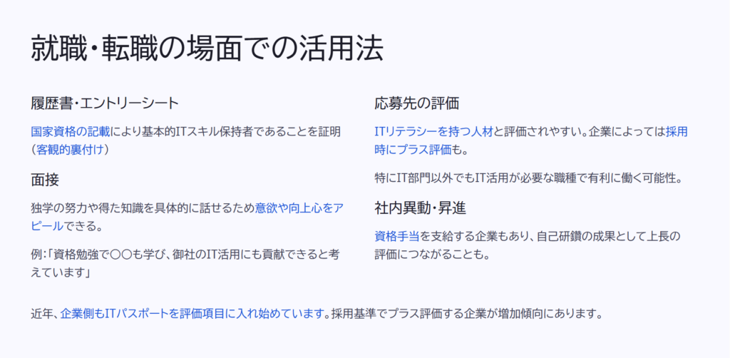 就職・転職の場面での活用法

履歴書・エントリーシート

国家資格の記載により基本的ITスキル保持者であることを証明（客観的裏付け）

面接

独学の努力や得た知識を具体的に話せるため意欲や向上心をアピールできる。

例：「資格勉強で○○も学び、御社のIT活用にも貢献できると考えています」

応募先の評価

ITリテラシーを持つ人材と評価されやすい。企業によっては採用時にプラス評価も。

特にIT部門以外でもIT活用が必要な職種で有利に働く可能性。

社内異動・昇進

資格手当を支給する企業もあり、自己研鑽の成果として上長の評価につながることも。