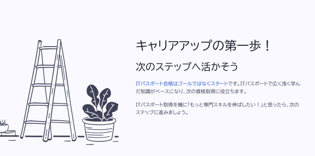 キャリアアップの第一歩！

次のステップへ活かそう

ITパスポート合格はゴールではなくスタートです。ITパスポートで広く浅く学んだ知識がベースになり、次の資格取得に役立ちます。

ITパスポート取得を機に「もっと専門スキルを伸ばしたい！」と思ったら、次のステップに進みましょう。