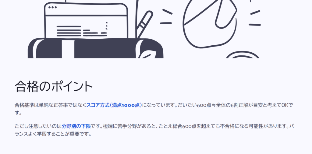合格のポイント

合格基準は単純な正答率ではなくスコア方式（満点1000点）になっています。だいたい600点≒全体の6割正解が目安と考えてOKです。

ただし注意したいのは分野別の下限です。極端に苦手分野があると、たとえ総合600点を超えても不合格になる可能性があります。バランスよく学習することが重要です。