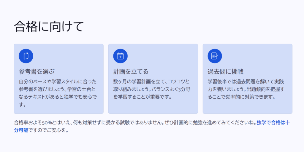 合格に向けて

参考書を選ぶ

自分のペースや学習スタイルに合った参考書を選びましょう。学習の土台となるテキストがあると独学でも安心です。

計画を立てる

数ヶ月の学習計画を立て、コツコツと取り組みましょう。バランスよく3分野を学習することが重要です。

過去問に挑戦

学習後半では過去問題を解いて実践力を養いましょう。出題傾向を把握することで効率的に対策できます。

合格率およそ50%とはいえ、何も対策せずに受かる試験ではありません。ぜひ計画的に勉強を進めてみてくださいね。独学で合格は十分可能ですのでご安心を。