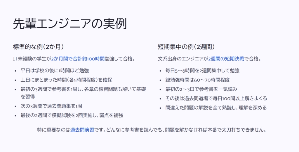 先輩エンジニアの実例

標準的な例（2か月）

IT未経験の学生が2か月間で合計約100時間勉強して合格。

平日は学校の後に1時間ほど勉強

土日にまとまった時間（各5時間程度）を確保

最初の3週間で参考書を1周し、各章の練習問題も解いて基礎を習得

次の3週間で過去問題集を1周

最後の2週間で模擬試験を2回実施し、弱点を補強

短期集中の例（2週間）

文系出身のエンジニアが2週間の短期決戦で合格。

毎日5〜6時間を2週間集中して勉強

総勉強時間は60〜70時間程度

最初の2〜3日で参考書を一気読み

その後は過去問道場で毎日100問以上解きまくる

間違えた問題の解説を全て熟読し、理解を深める

特に重要なのは過去問演習です。どんなに参考書を読んでも、問題を解かなければ本番で太刀打ちできません。