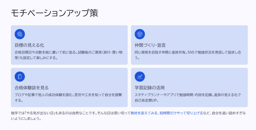 モチベーションアップ策

目標の見える化

合格目標日や点数を紙に書いて机に貼る。試験後のご褒美（旅行・買い物等）も設定して楽しみにする。

仲間づくり・宣言

同じ資格を目指す仲間と進捗共有。SNSで勉強状況を発信して励まし合う。

合格体験談を見る

ブログや記事で他人の成功体験を読む。苦労や工夫を知って自分を鼓舞する。

学習記録の活用

スタディプランナーやアプリで勉強時間・内容を記録。進捗の見える化で自己肯定感UP。

独学では「やる気が出ない日」もあるのは自然なことです。そんな日は思い切って教材を変えてみる、短時間だけやって切り上げるなど、自分を追い詰めすぎないようにしましょう。