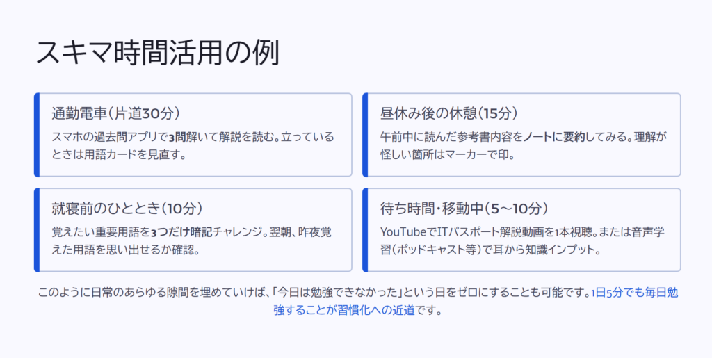 スキマ時間活用の例

通勤電車（片道30分）

スマホの過去問アプリで3問解いて解説を読む。立っているときは用語カードを見直す。

昼休み後の休憩（15分）

午前中に読んだ参考書内容をノートに要約してみる。理解が怪しい箇所はマーカーで印。

就寝前のひととき（10分）

覚えたい重要用語を3つだけ暗記チャレンジ。翌朝、昨夜覚えた用語を思い出せるか確認。

待ち時間・移動中（5〜10分）

YouTubeでITパスポート解説動画を1本視聴。または音声学習（ポッドキャスト等）で耳から知識インプット。

このように日常のあらゆる隙間を埋めていけば、「今日は勉強できなかった」という日をゼロにすることも可能です。1日5分でも毎日勉強することが習慣化への近道です。