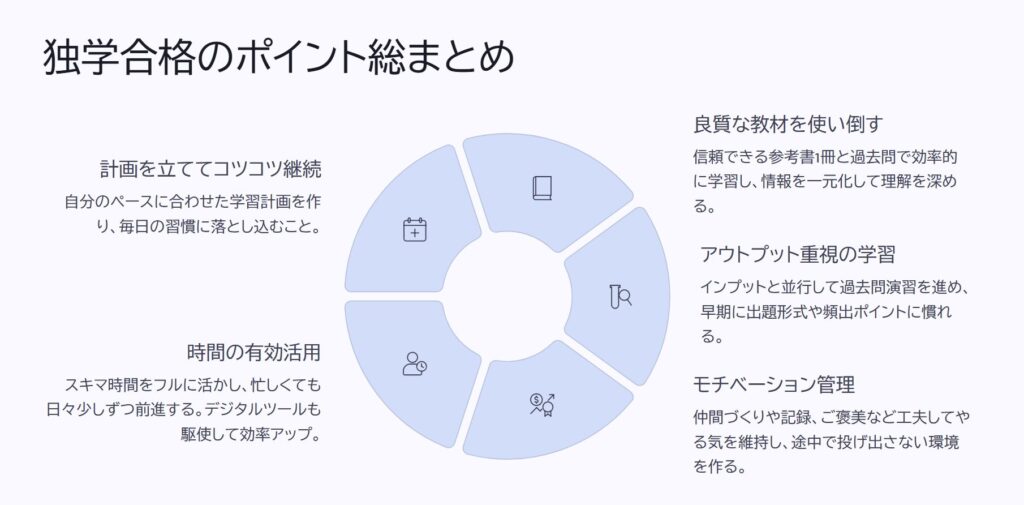 独学合格のポイント総まとめ

計画を立ててコツコツ継続

自分のペースに合わせた学習計画を作り、毎日の習慣に落とし込むこと。

良質な教材を使い倒す

信頼できる参考書1冊と過去問で効率的に学習し、情報を一元化して理解を深める。

アウトプット重視の学習

インプットと並行して過去問演習を進め、早期に出題形式や頻出ポイントに慣れる。

モチベーション管理

仲間づくりや記録、ご褒美など工夫してやる気を維持し、途中で投げ出さない環境を作る。

時間の有効活用

スキマ時間をフルに活かし、忙しくても日々少しずつ前進する。デジタルツールも駆使して効率アップ。