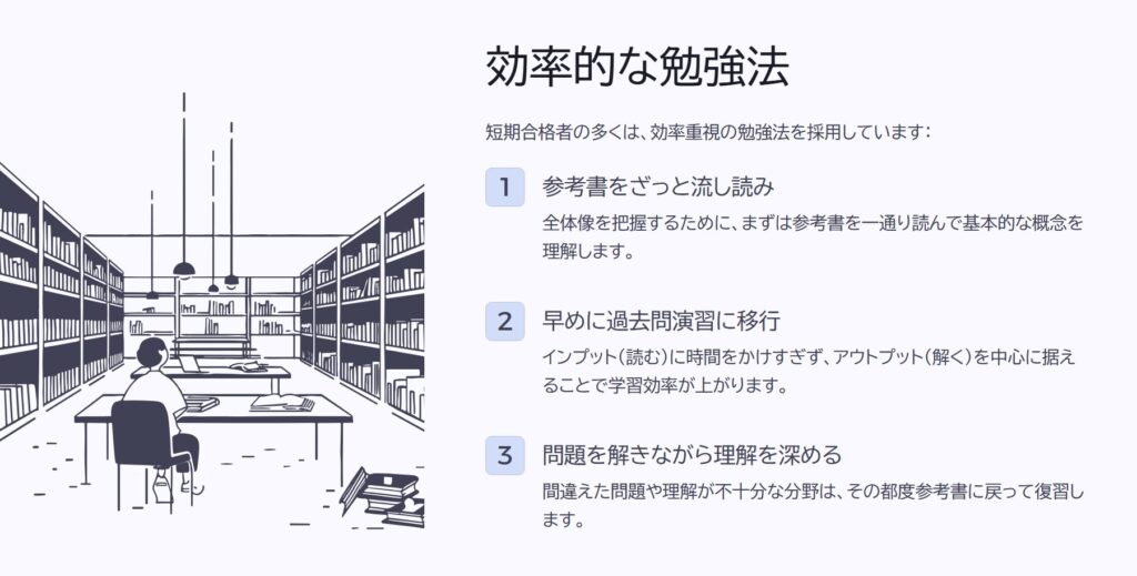 効率的な勉強法

短期合格者の多くは、効率重視の勉強法を採用しています：

参考書をざっと流し読み

全体像を把握するために、まずは参考書を一通り読んで基本的な概念を理解します。

早めに過去問演習に移行

インプット（読む）に時間をかけすぎず、アウトプット（解く）を中心に据えることで学習効率が上がります。

問題を解きながら理解を深める

間違えた問題や理解が不十分な分野は、その都度参考書に戻って復習します。