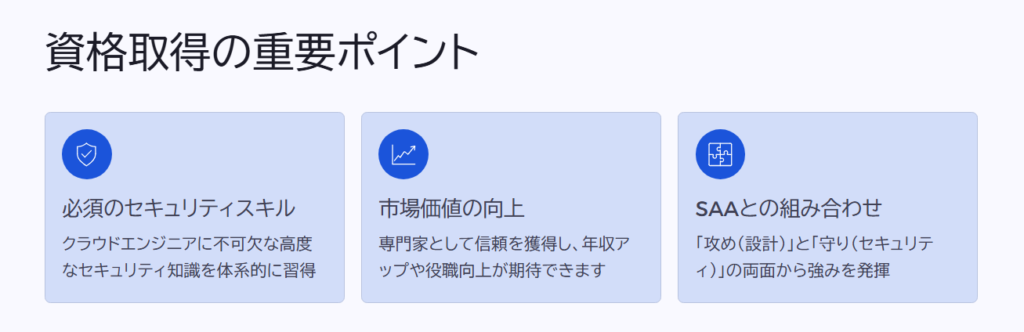 資格取得の重要ポイント

必須のセキュリティスキル

クラウドエンジニアに不可欠な高度なセキュリティ知識を体系的に習得

市場価値の向上

専門家として信頼を獲得し、年収アップや役職向上が期待できます

SAAとの組み合わせ

「攻め（設計）」と「守り（セキュリティ）」の両面から強みを発揮