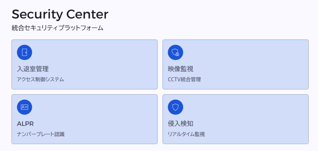 Security Center

統合セキュリティプラットフォーム

入退室管理

アクセス制御システム

映像監視

CCTV統合管理

ALPR

ナンバープレート認識

侵入検知

リアルタイム監視